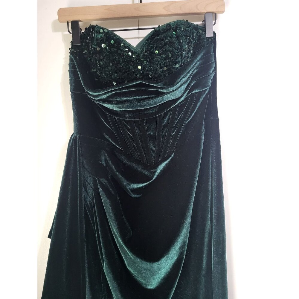 Women's LG Emerald Green Velvet Strapless Dress High Slit Sequins Mermaid Corset - Picture 3 of 10